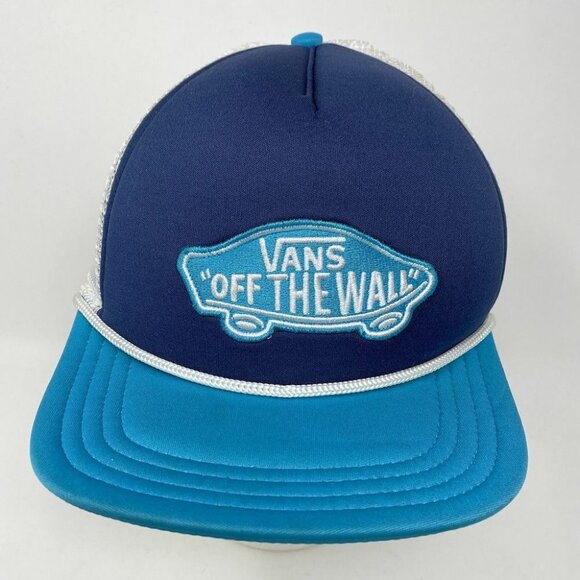 VANS Off The Wall Trucker Snapback Hat Cap Blue White Skate Rope Mesh Streetwear - Picture 1 of 8
